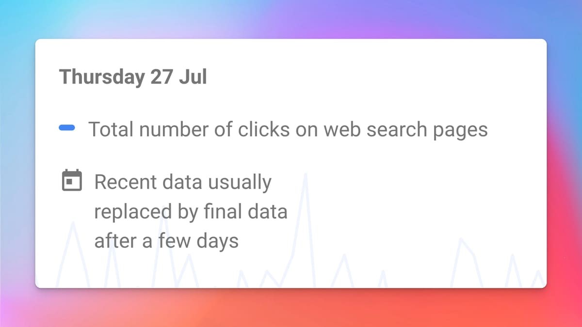 Captura de ecrã que mostra um exemplo de atraso de dados na Consola de Pesquisa do Google